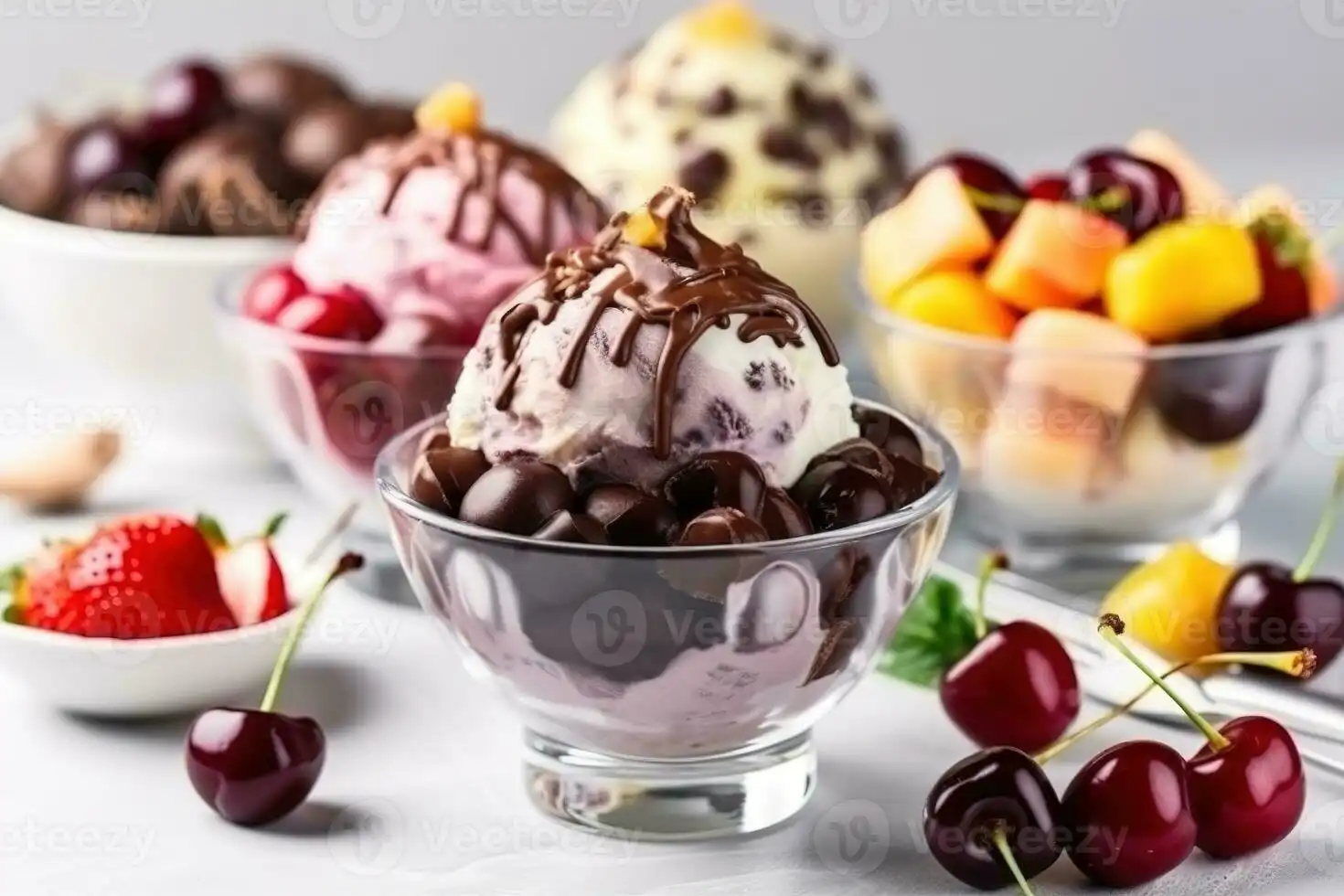 delicious-ice-cream-with-fruits-ice-cream-ice-cream-dessert-fruit-chocolate-glasses-cold-berry-cherry-bowl-fresh-sundae-delicious-strawberry-on-white-background-generative-ai-photo